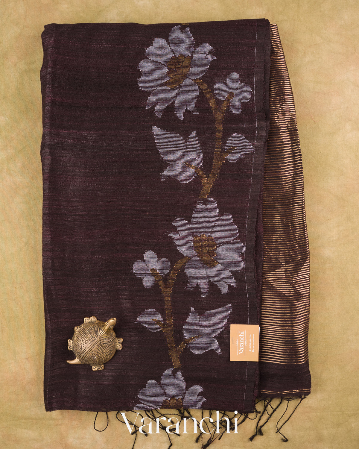 Deep Coffee Brown Floral Jamdani Pure Matka Silk Handloom Saree — Full Saree