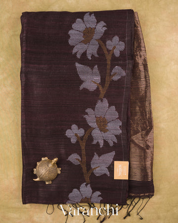Deep Coffee Brown Floral Jamdani Pure Matka Silk Handloom Saree — Full Saree