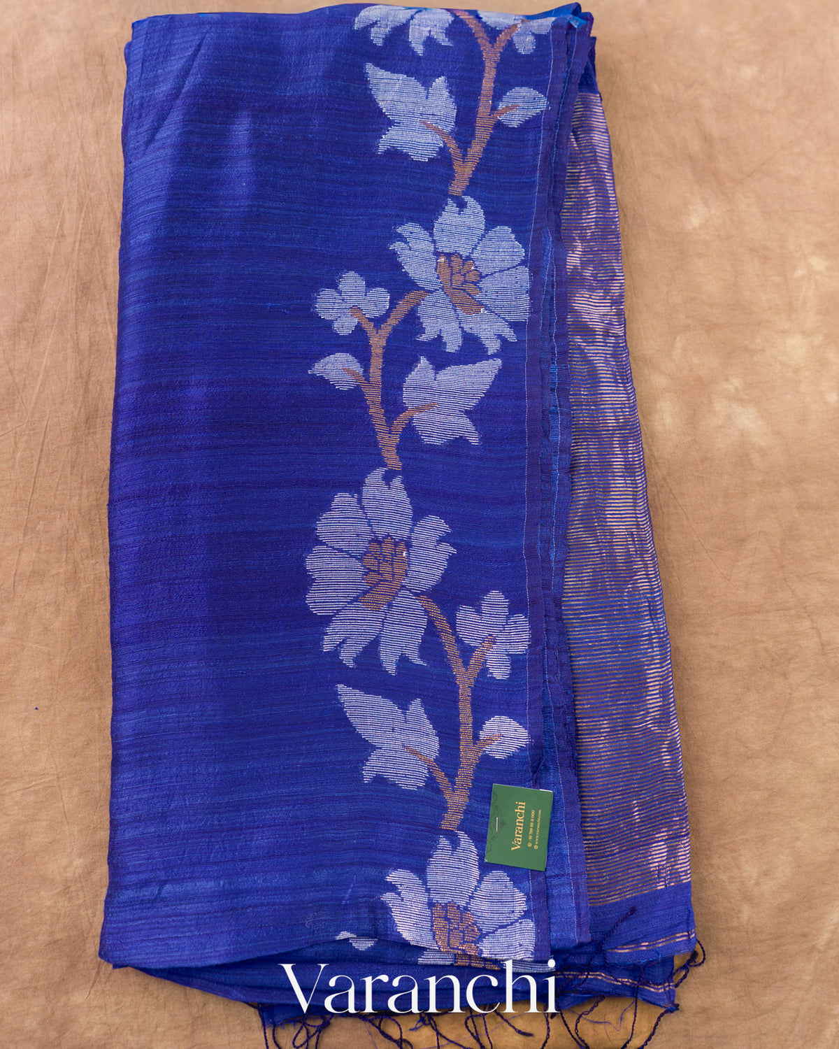 Royal Blue Floral Jamdani Pure Matka Silk Handloom Saree — Full Saree