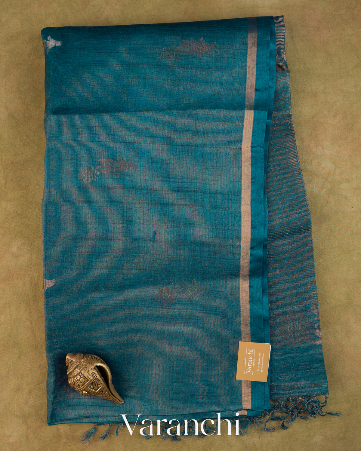 Teal Blue Jamdani Pure Tussar Tissue Silk Saree — Full Saree