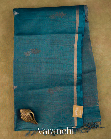 Teal Blue Jamdani Pure Tussar Tissue Silk Saree — Full Saree