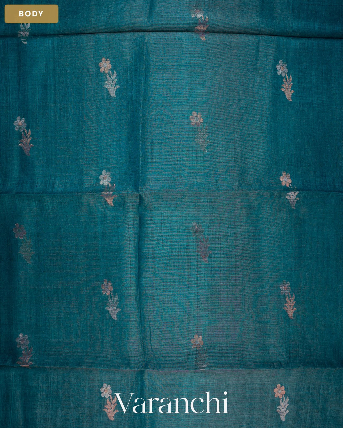 Teal Blue Jamdani Pure Tussar Tissue Silk Saree — Body