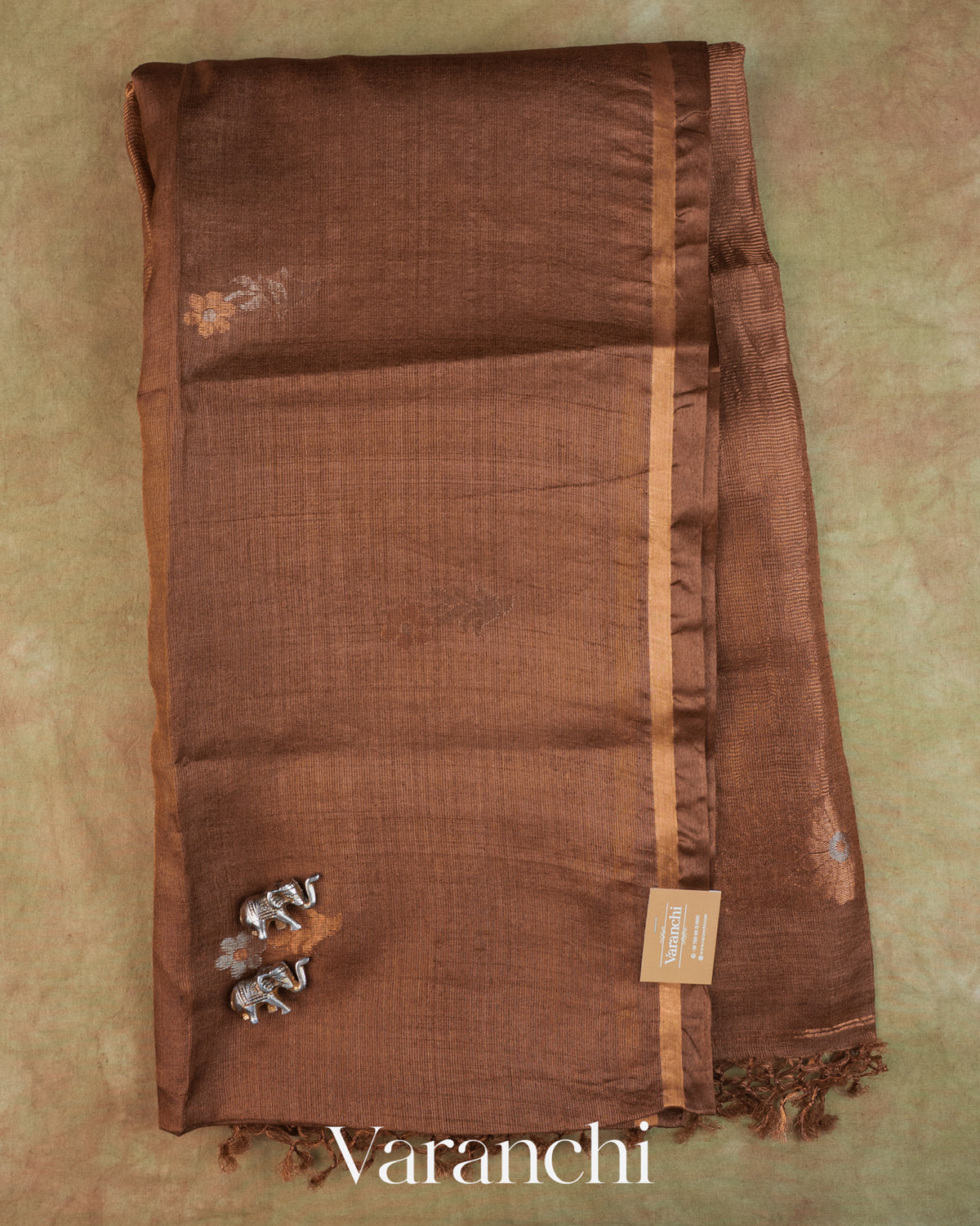 Coco Brown Jamdani Pure Tussar Tissue Silk Saree — Full Saree