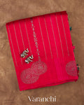 Tomato Red Striped Pure Raw Silk Handloom Saree — Folded