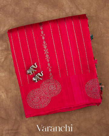 Tomato Red Striped Pure Raw Silk Handloom Saree — Folded