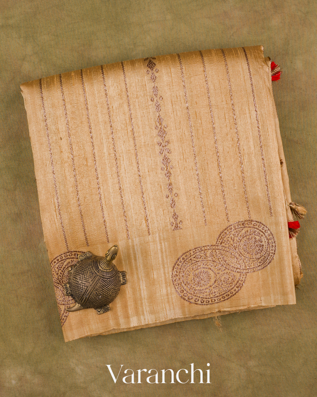Ivory Striped Pure Raw Silk Handloom Saree — Folded