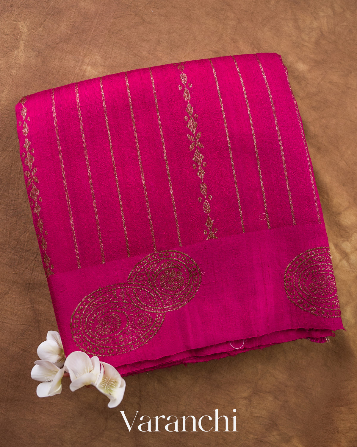 Rani Pink Striped Pure Raw Silk Handloom Saree — Folded