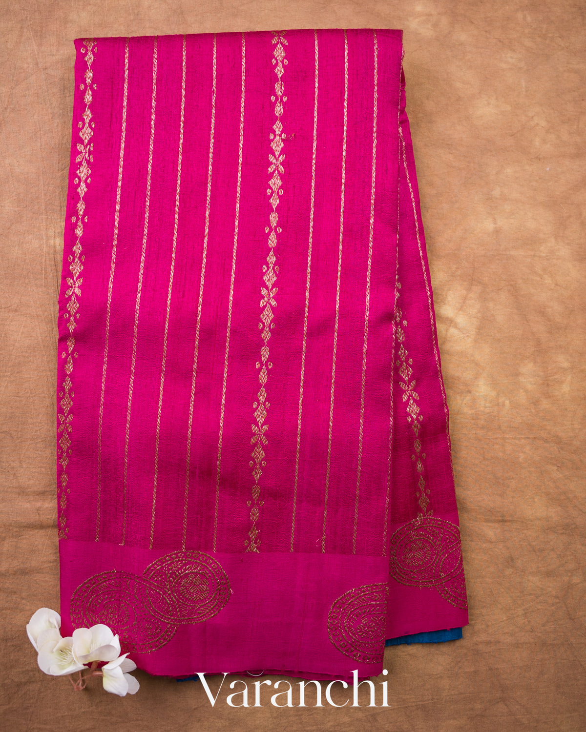 Rani Pink Striped Pure Raw Silk Handloom Saree — Full Saree