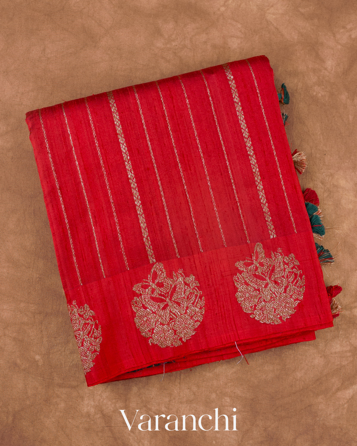 Chilly Red Striped Pure Raw Silk Handloom Saree — Folded