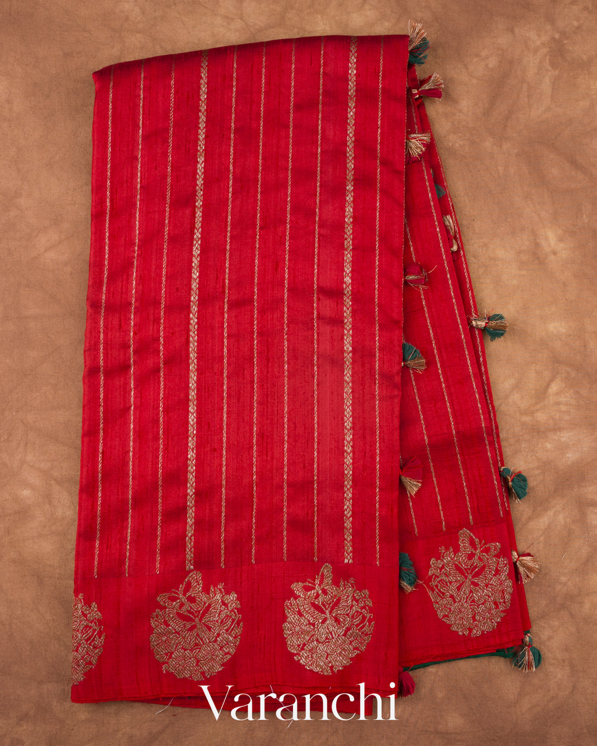 Chilly Red Striped Pure Raw Silk Handloom Saree — Full Saree