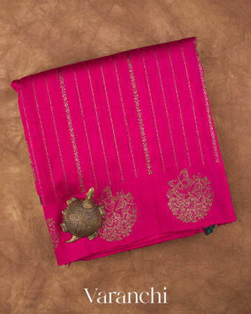 Rani Pink Striped Pure Raw Silk Handloom Saree — Folded
