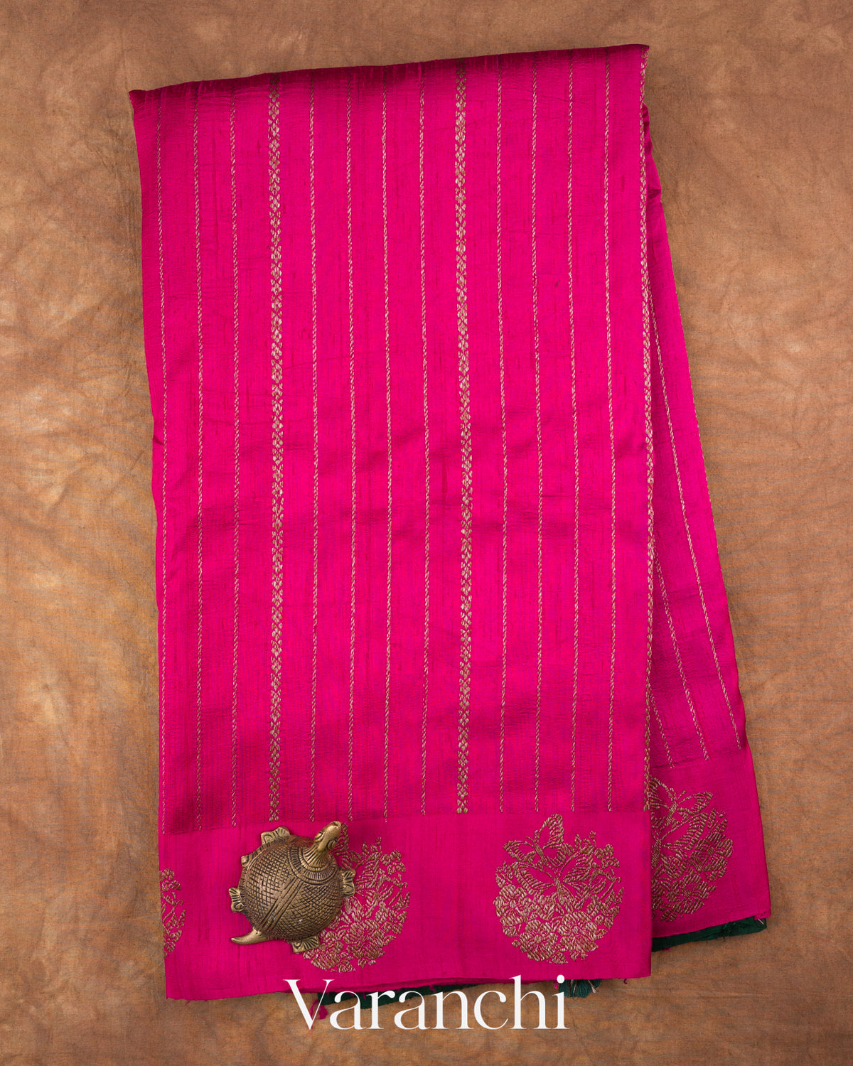 Rani Pink Striped Pure Raw Silk Handloom Saree — Full Saree