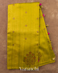 Lime Green Borderless Pure Raw Silk Handloom Saree — Full Saree