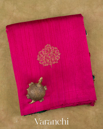Rani Pink Borderless Pure Raw Silk Handloom Saree — Folded