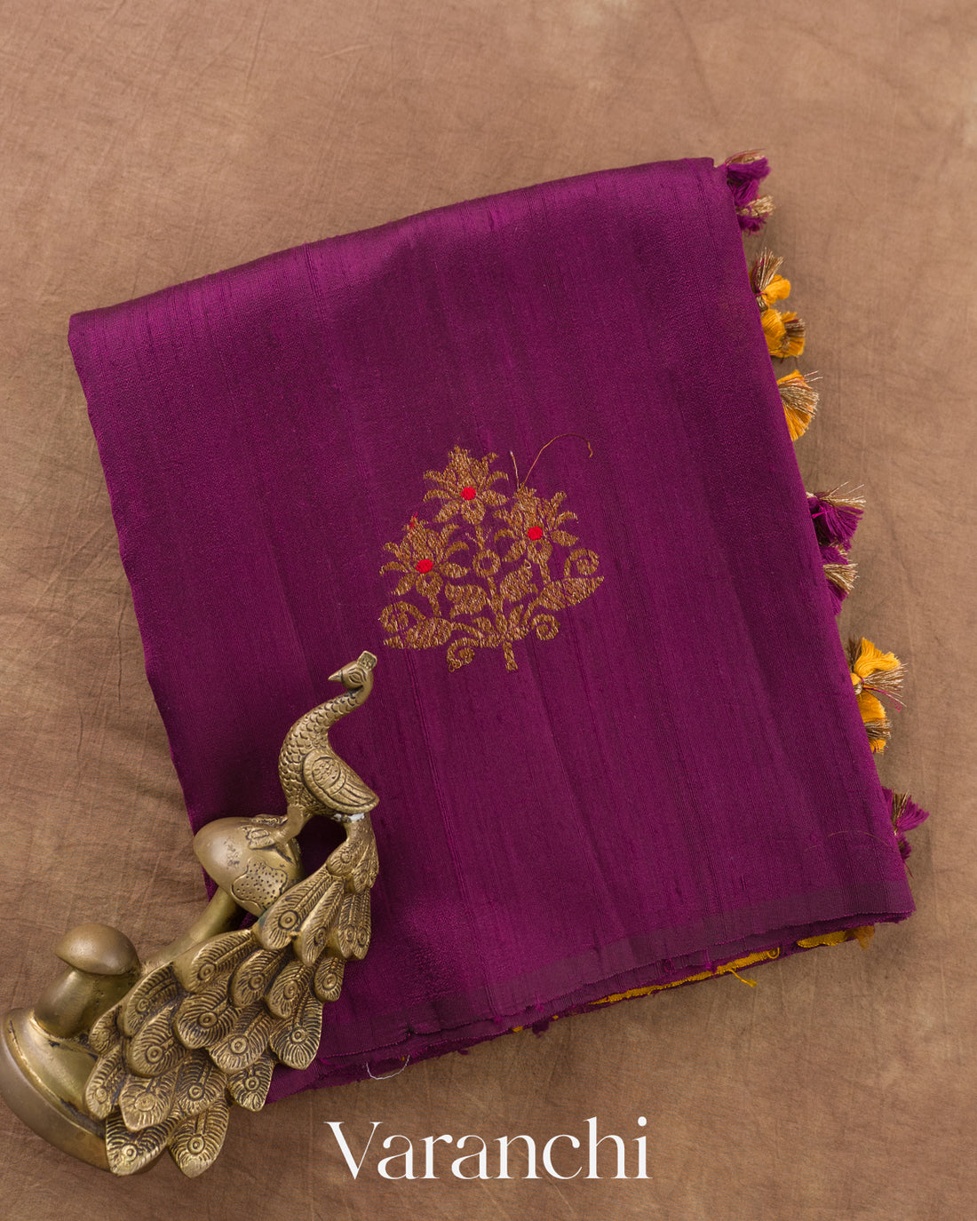 Wine Purple Borderless Pure Raw Silk Handloom Saree — Folded