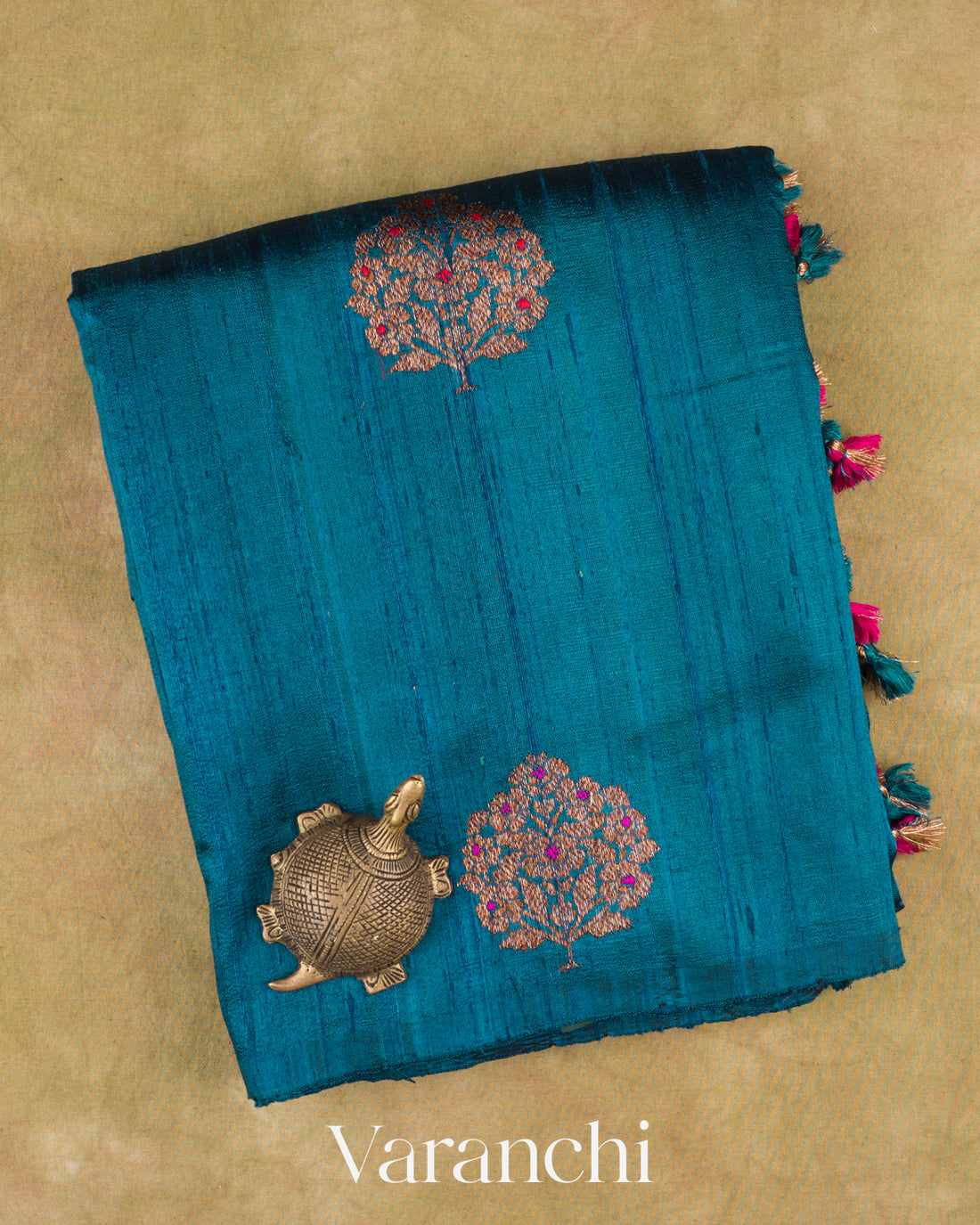 Turquoise Blue Borderless Pure Raw Silk Handloom Saree — Folded