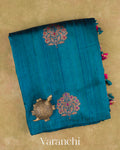 Turquoise Blue Borderless Pure Raw Silk Handloom Saree — Folded