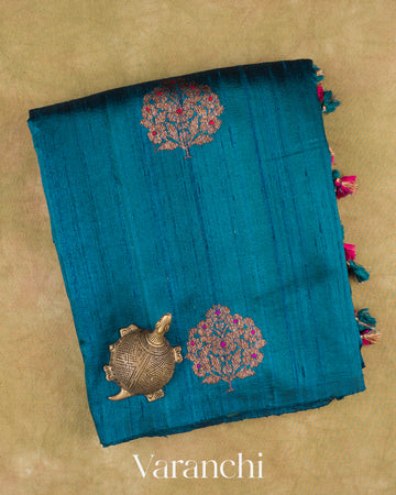 Turquoise Blue Borderless Pure Raw Silk Handloom Saree — Folded