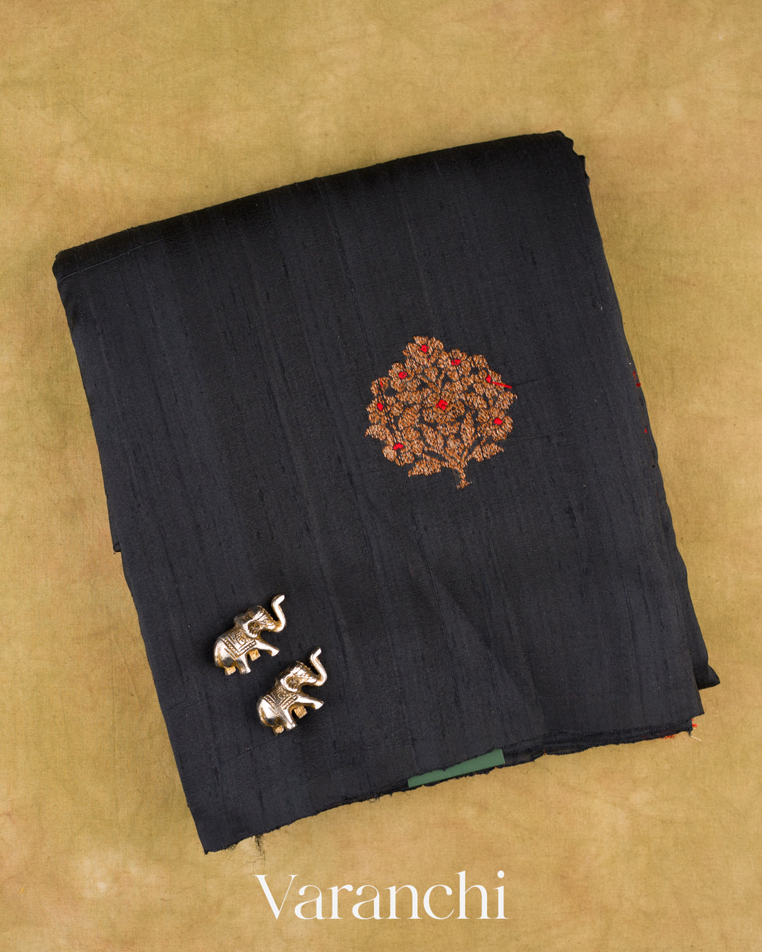 Jet Black Borderless Pure Raw Silk Handloom Saree — Folded