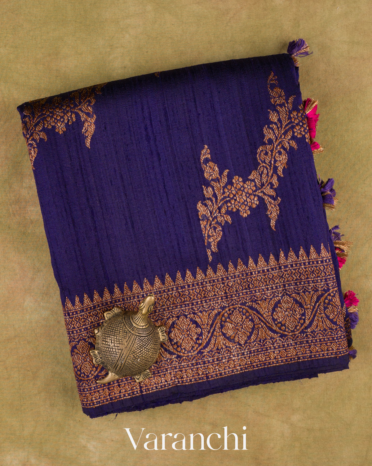 Deep Violet Lehariya Pure Raw Silk Handloom Saree — Folded