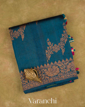 Sapphire Blue Lehariya Pure Raw Silk Handloom Saree — Folded