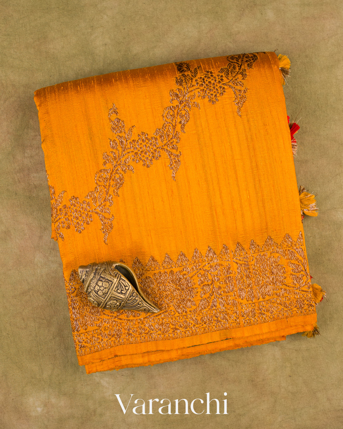 Marigold Yellow Lehariya Pure Raw Silk Handloom Saree — Folded