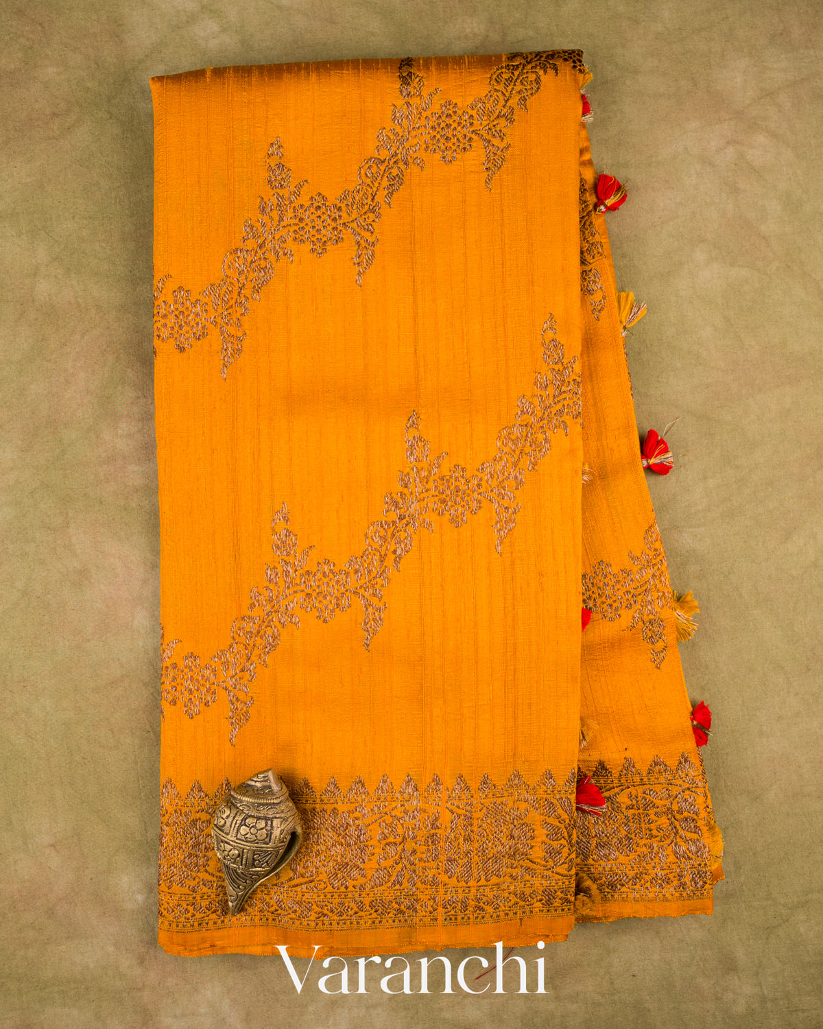 Marigold Yellow Lehariya Pure Raw Silk Handloom Saree — Full Saree