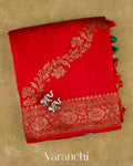 Tomato Red Lehariya Pure Raw Silk Handloom Saree — Folded