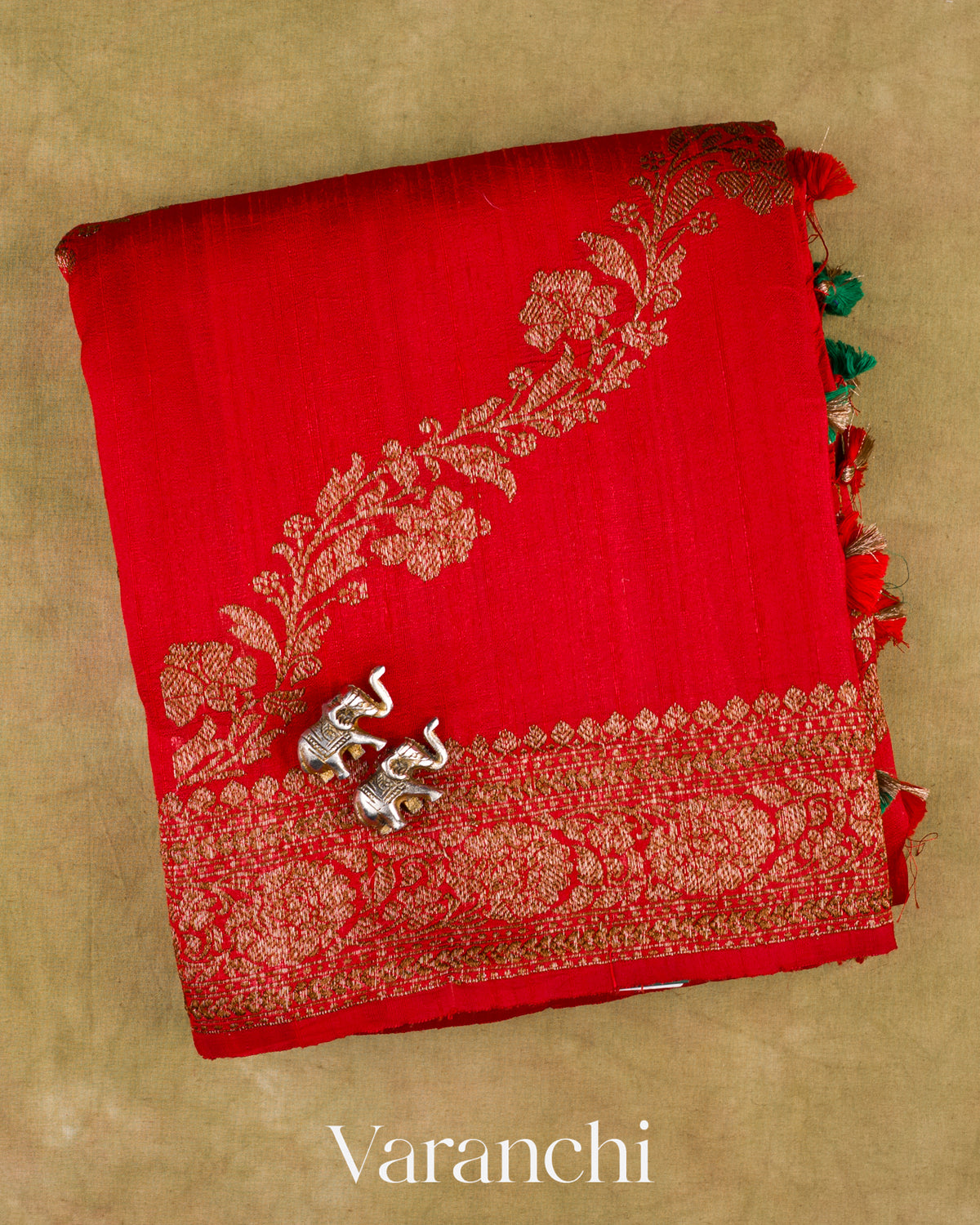 Tomato Red Lehariya Pure Raw Silk Handloom Saree — Folded