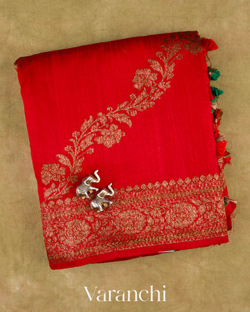 Tomato Red Lehariya Pure Raw Silk Handloom Saree — Folded