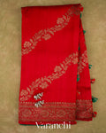 Tomato Red Lehariya Pure Raw Silk Handloom Saree — Full Saree