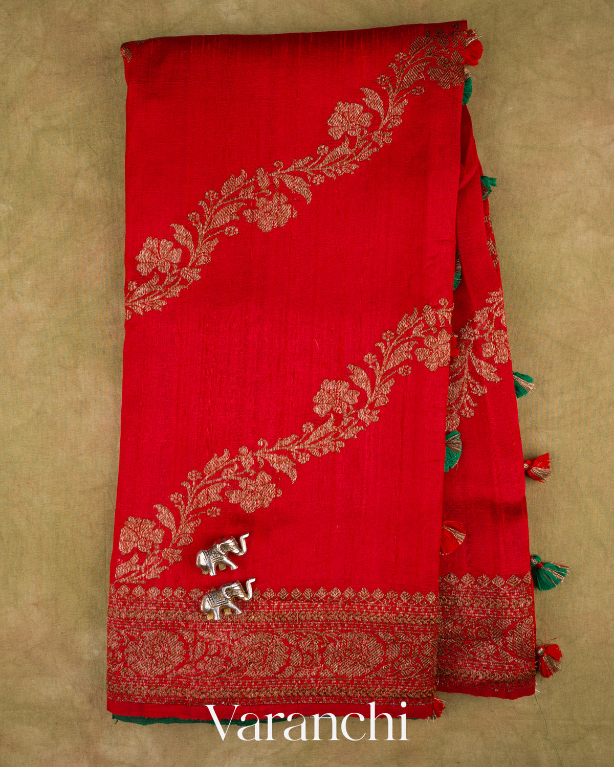 Tomato Red Lehariya Pure Raw Silk Handloom Saree — Full Saree