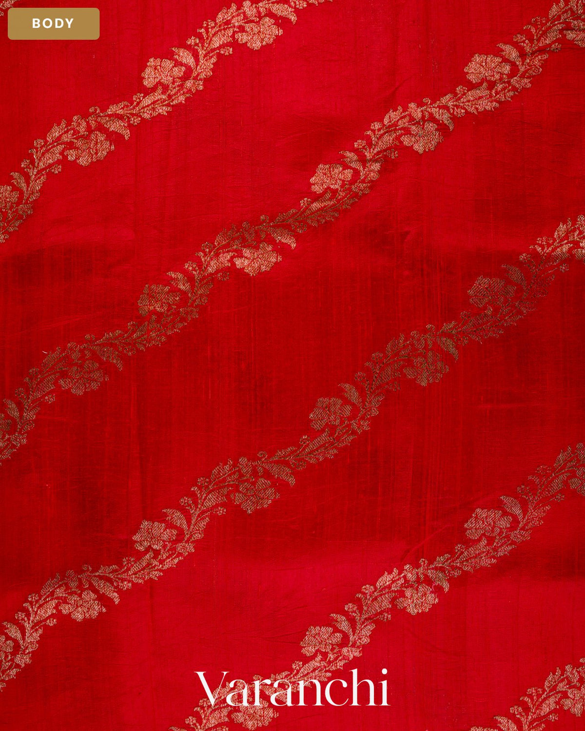 Tomato Red Lehariya Pure Raw Silk Handloom Saree — Body