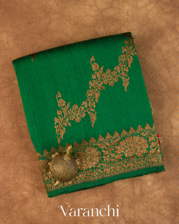 Bottle Green Floral Lehariya Pure Raw Silk Handloom Saree — Folded