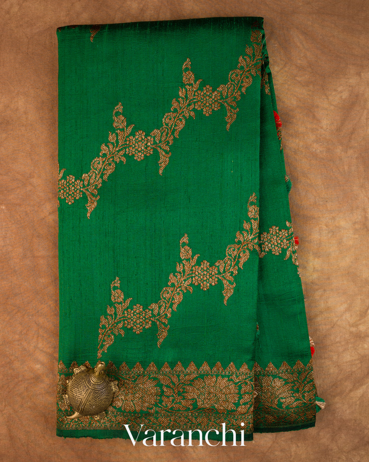 Bottle Green Floral Lehariya Pure Raw Silk Handloom Saree — Full Saree