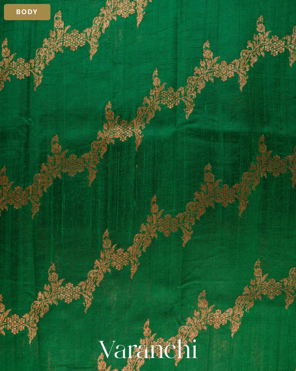 Bottle Green Floral Lehariya Pure Raw Silk Handloom Saree — Body