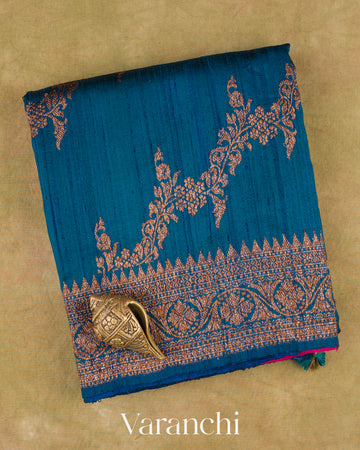 Turquoise Blue Lehariya Pure Raw Silk Handloom Saree — Folded