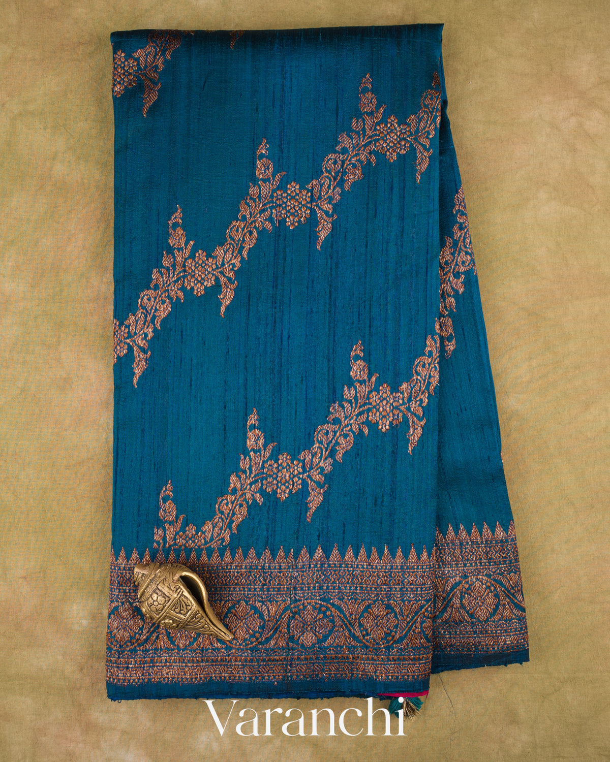 Turquoise Blue Lehariya Pure Raw Silk Handloom Saree — Full Saree