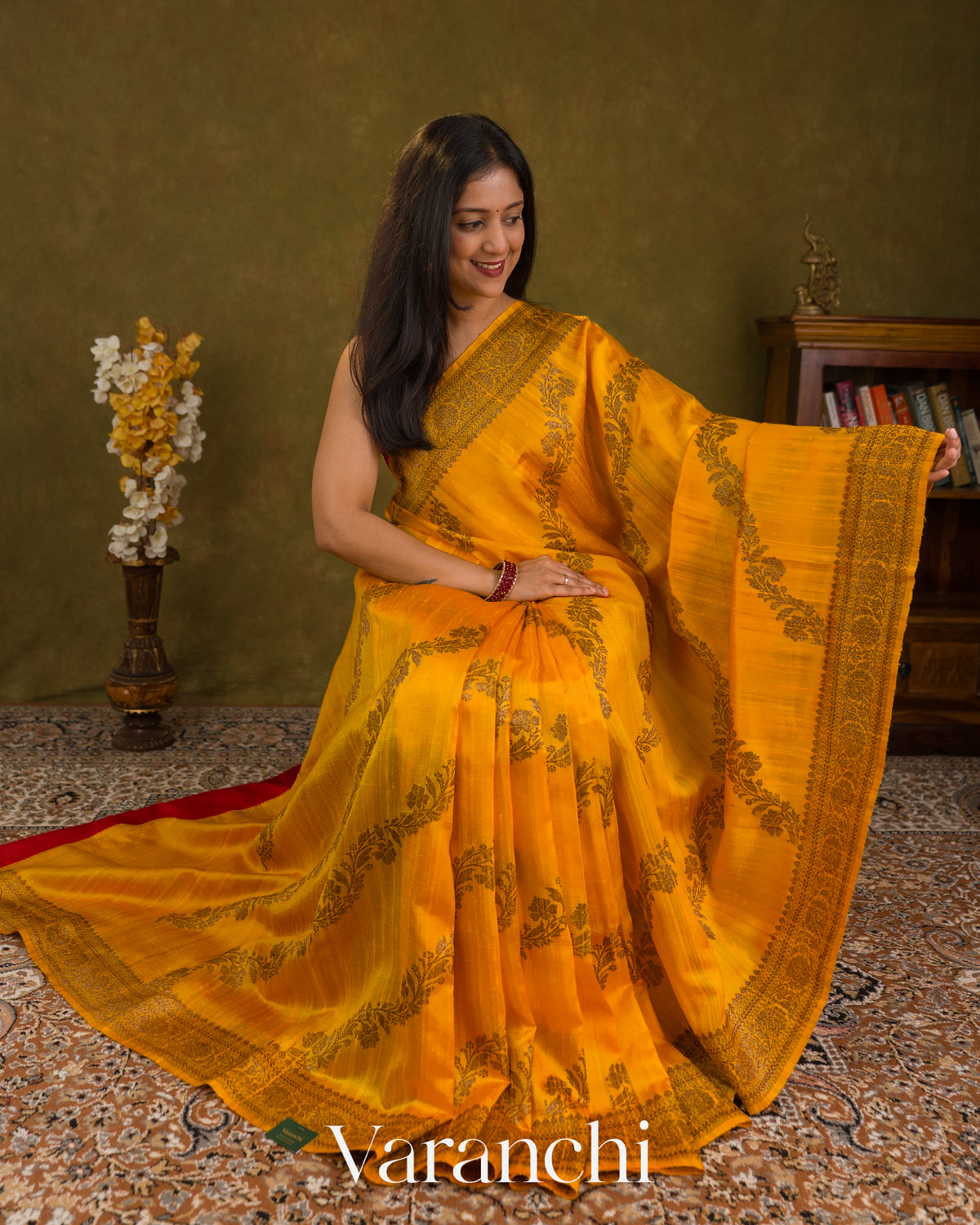 Rust Yellow Lehariya Pure Raw Silk Handloom Saree — Draped