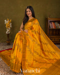 Rust Yellow Lehariya Pure Raw Silk Handloom Saree — Draped