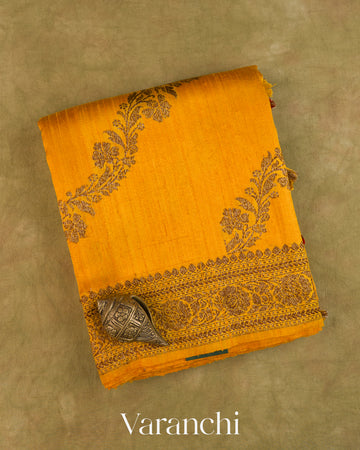 Rust Yellow Lehariya Pure Raw Silk Handloom Saree — Folded