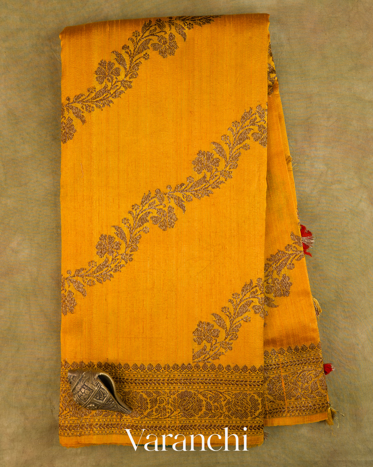 Rust Yellow Lehariya Pure Raw Silk Handloom Saree — Full Saree