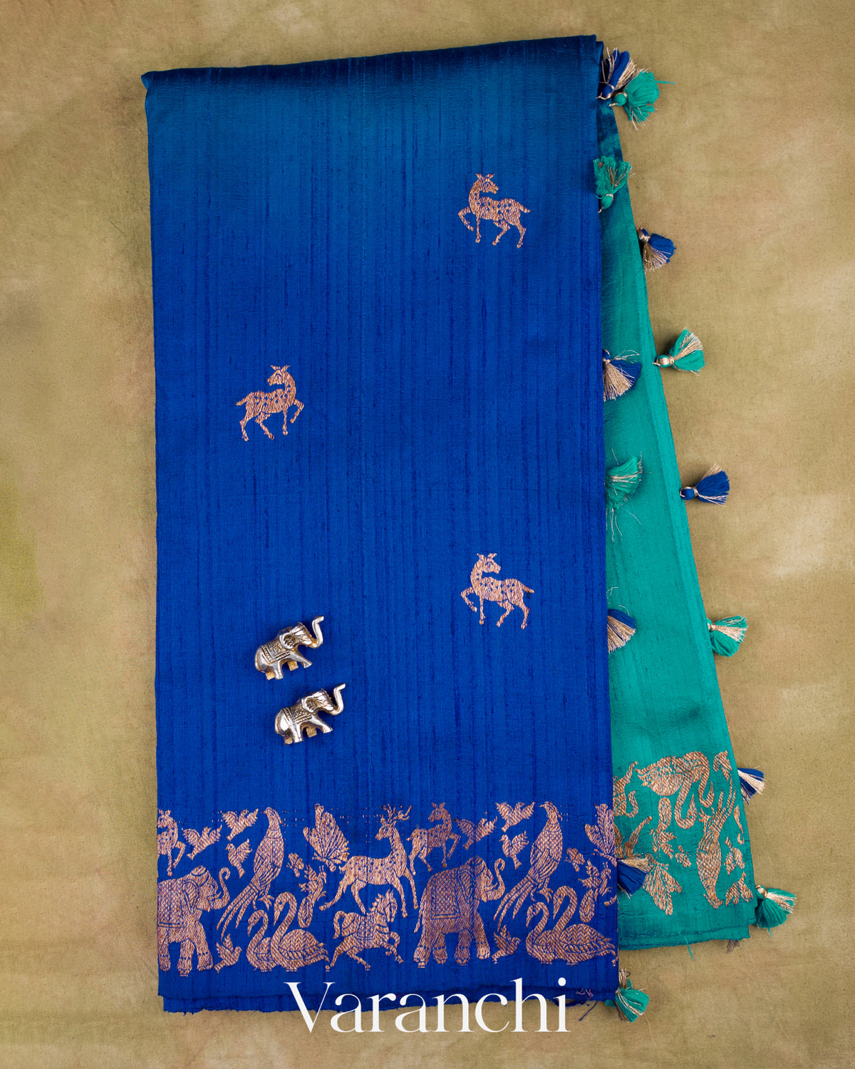 Royal Blue and Peacock Blue Ombre-Dyed Pure Raw Silk Handloom Saree — Full Saree