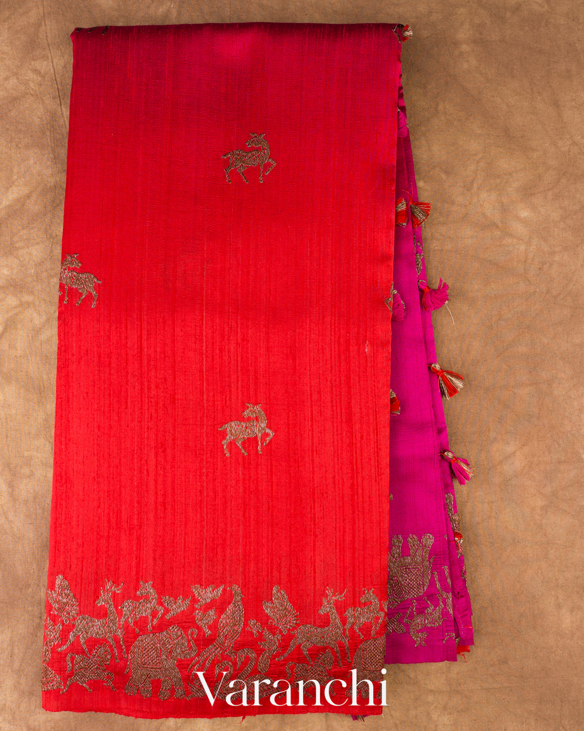 Magenta and Chilli Red Ombre-Dyed Pure Raw Silk Handloom Saree — Full Saree