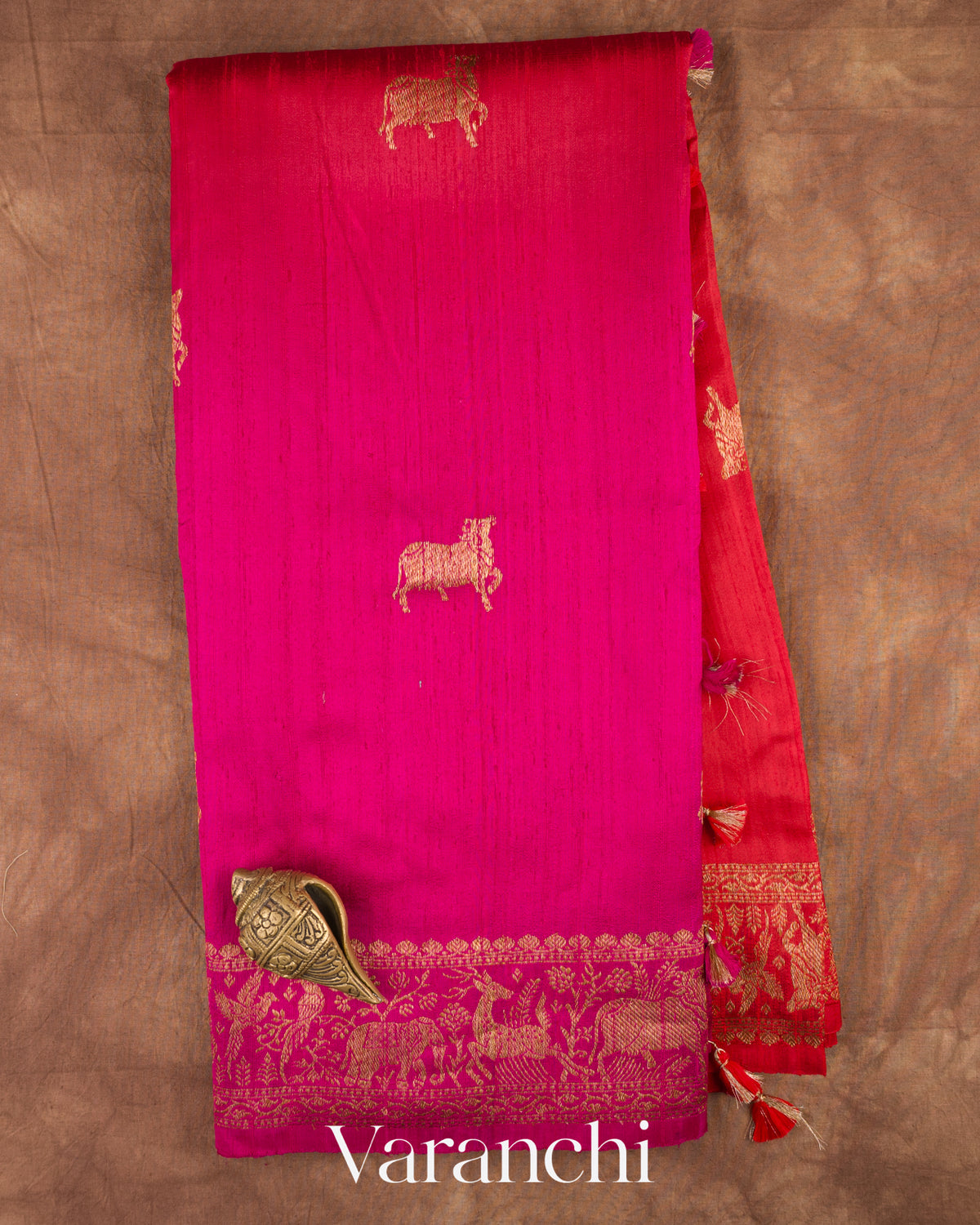 Rani Pink and Chilli Red Ombre-Dyed Pure Raw Silk Handloom Saree — Full Saree