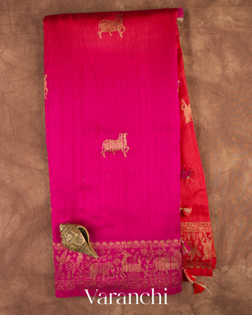 Rani Pink and Chilli Red Ombre-Dyed Pure Raw Silk Handloom Saree — Full Saree