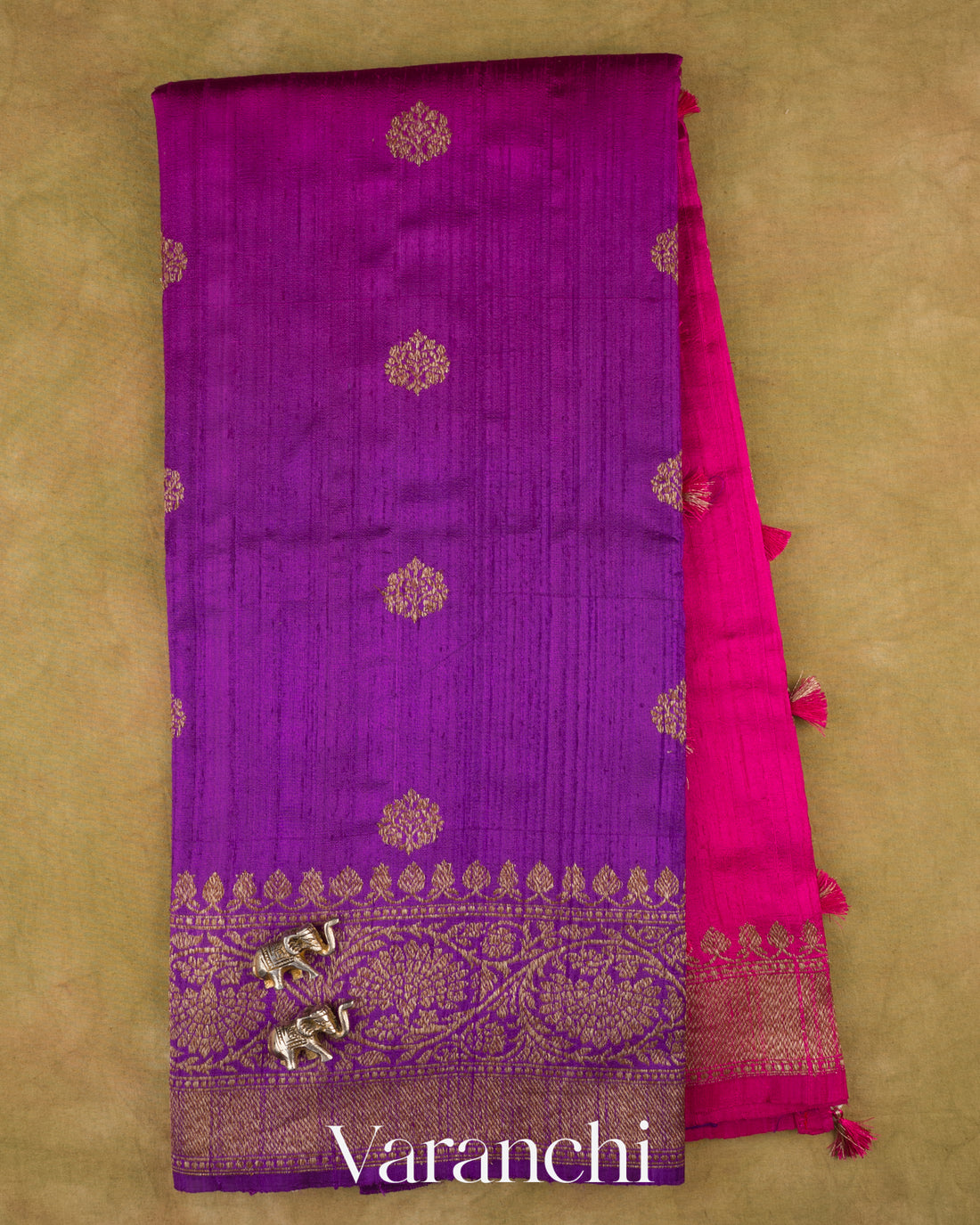 Violet and Rani Pink Ombre-Dyed Pure Raw Silk Handloom Saree — Full Saree