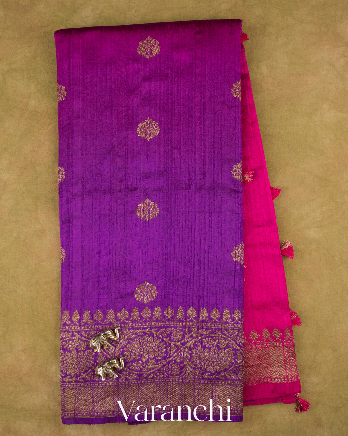 Violet and Rani Pink Ombre-Dyed Pure Raw Silk Handloom Saree — Full Saree