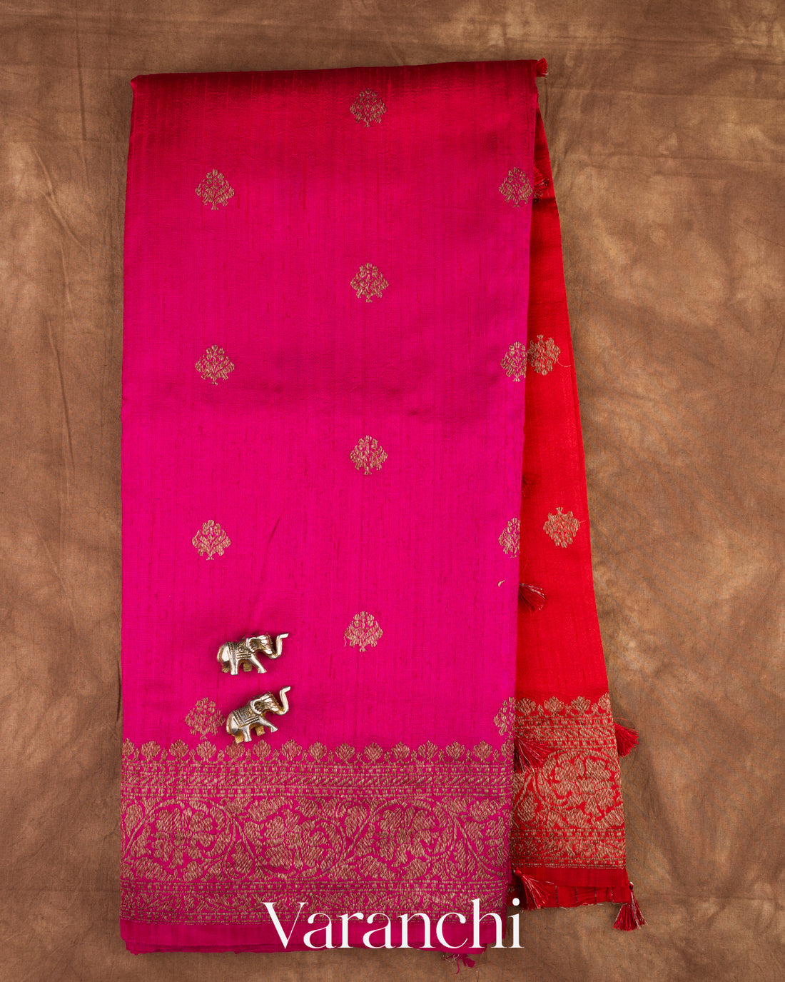 Rani Pink and Chilli Red Ombre-Dyed Pure Raw Silk Handloom Saree — Full Saree