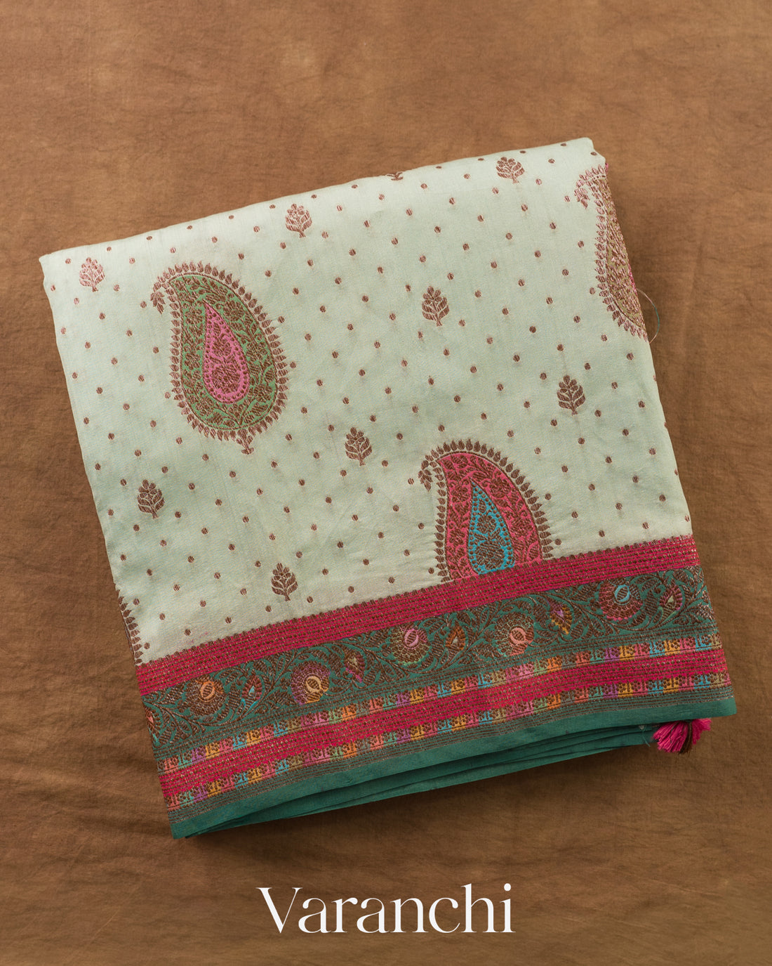 Light Powder Blue Pure Chiniya Silk Saree — Folded